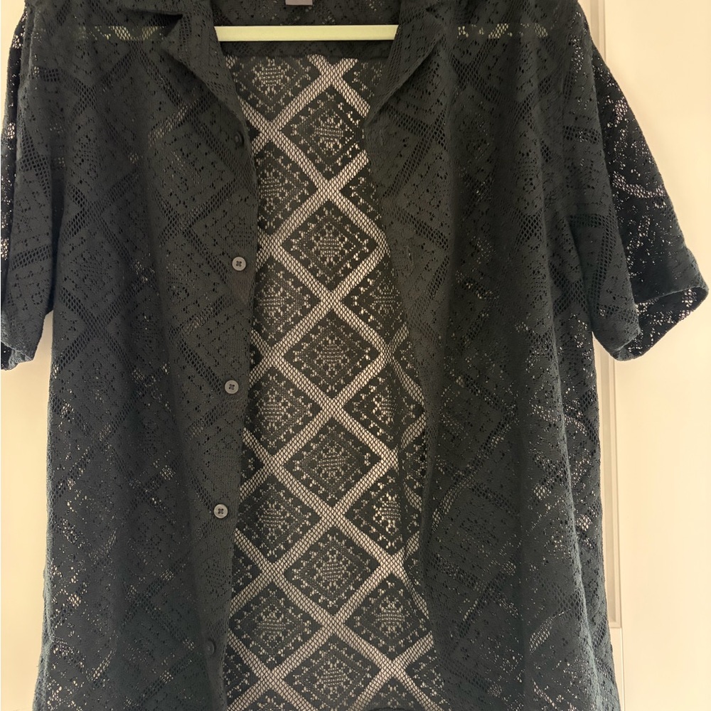H&M Black Lace Short Sleeve Button-Up Shirt